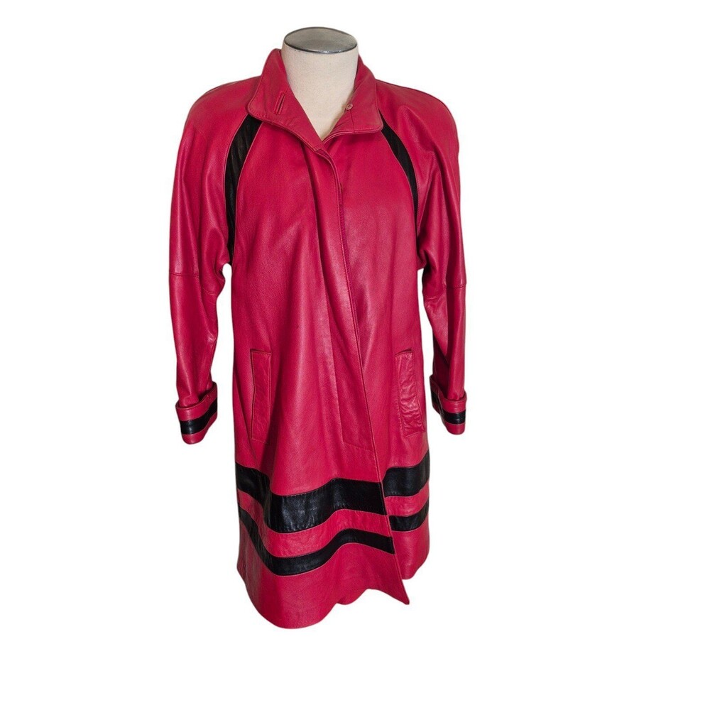 Tibor Womens VTG 80s Leather Swing Coat Mid Length Leather Jacket Red Sz M